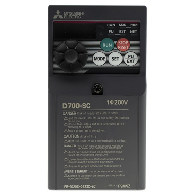 Mitsubishi Inverter Drive, 0.75 kW, 1 Phase, 230 V ac, 4.2 A, FR-D720S Series