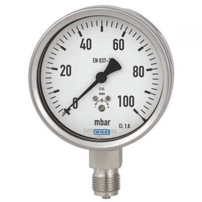 WIKA G 1/4 Analogue Pressure Gauge 300mbar Bottom Entry, 48665310, 0mbar min.