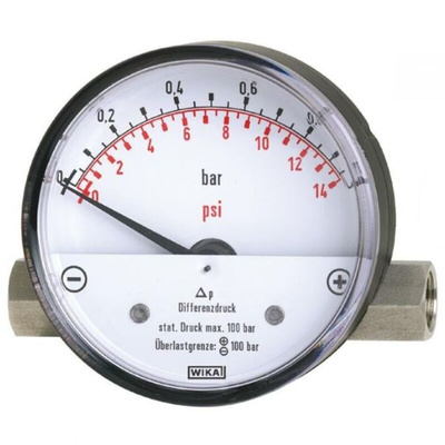 WIKA G 1/4 Analogue Differential Pressure Gauge 2bar Side Entry, 13294416, 0bar min.