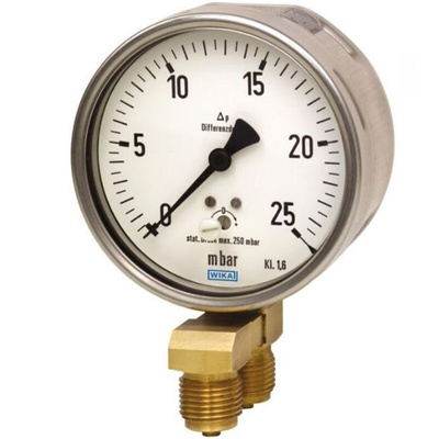 WIKA G 1/2 Analogue Differential Pressure Gauge 2.5kPa Bottom Entry, 48794927, 0kPa min.