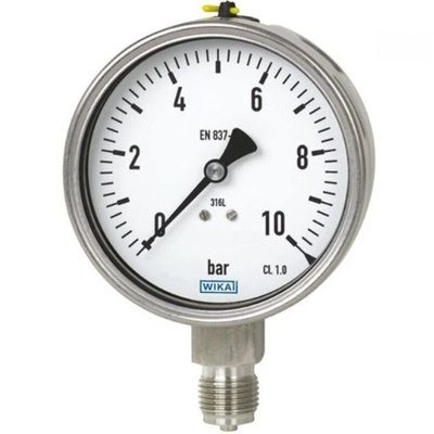 WIKA G 1/2 Analogue Pressure Gauge 10bar Bottom Entry, 40080625, 0bar min.