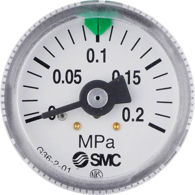 SMC R 1/8 Analogue Pressure Gauge 2bar Back Entry, G36-2-01, 0bar min.