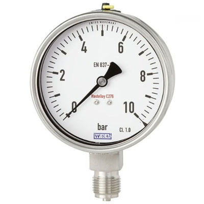 WIKA NPT 1/2 Analogue Pressure Gauge 10bar Back Entry, 48796310, 0bar min.