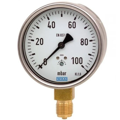 WIKA G 1/2 Analogue Pressure Gauge 60mbar Bottom Entry, 48766729, 0mbar min.