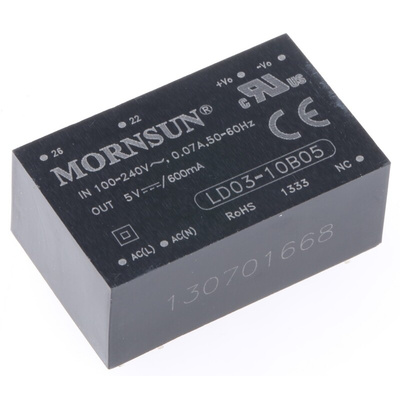 RS PRO Switching Power Supply, 5V dc, 600mA, 3W, 1 Output, 110 → 370 V dc, 85 → 264 V ac Input Voltage