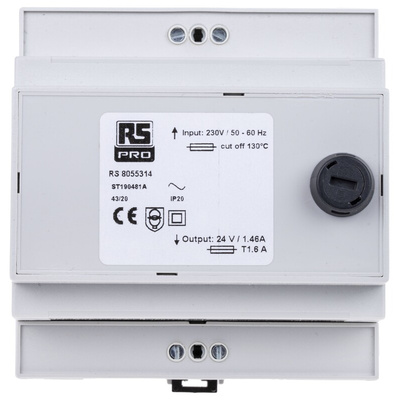 RS PRO 35VA DIN Rail Transformer, IEC 61558-2-6, 230V ac Primary, 24V ac Secondary