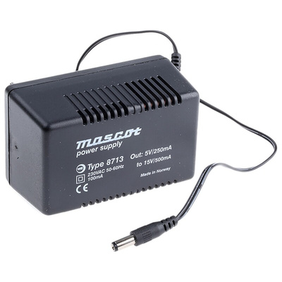 Mascot 7.5W Plug-In AC/DC Adapter 15V dc Output, 500 → 800mA Output