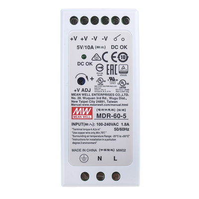 MEAN WELL MDR Switch Mode DIN Rail Power Supply, 85 → 264V ac ac Input, 5V dc dc Output, 10A Output, 60W