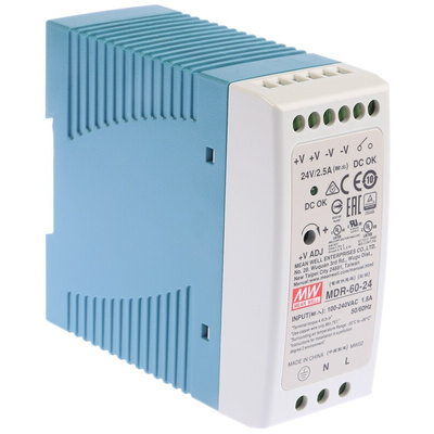 MEAN WELL MDR Switch Mode DIN Rail Power Supply, 85 → 264V ac ac Input, 24V dc dc Output, 2.5A Output, 60W