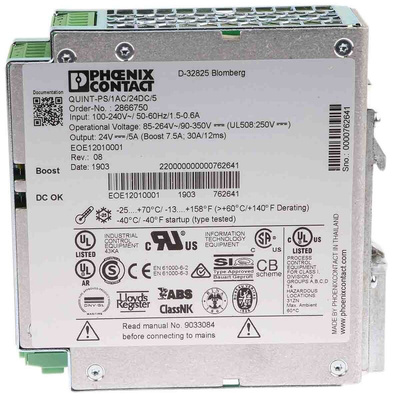 Phoenix Contact QUINT-PS/1AC/24DC/5 Switch Mode DIN Rail Power Supply, 85 → 264V ac ac Input, 24V dc dc Output,