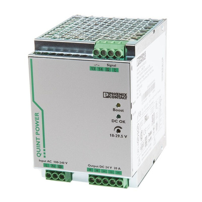 Phoenix Contact QUINT-PS/1AC/24DC/20 Switch Mode DIN Rail Power Supply, 85 → 264V ac ac Input, 24V dc dc Output,