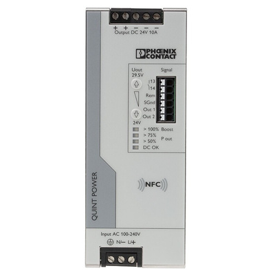 Phoenix Contact QUINT4-PS/1AC/24DC/10 Switch Mode DIN Rail Power Supply, 230V ac ac Input, 24V dc dc Output, 10A