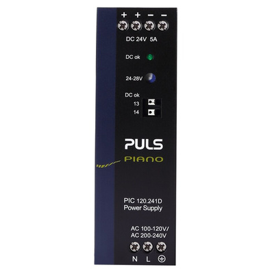 PULS PIANO Switch Mode DIN Rail Power Supply, 230V ac, 24V dc dc Output, 5A Output, 120W