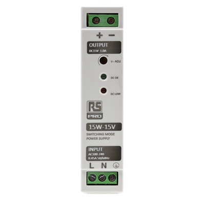 RS PRO Switch Mode DIN Rail Power Supply, 230V ac, 15V dc dc Output, 15W