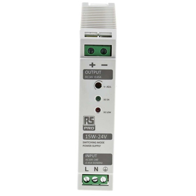 RS PRO Switch Mode DIN Rail Power Supply, 230V ac, 24V dc dc Output, 650mA Output, 15W