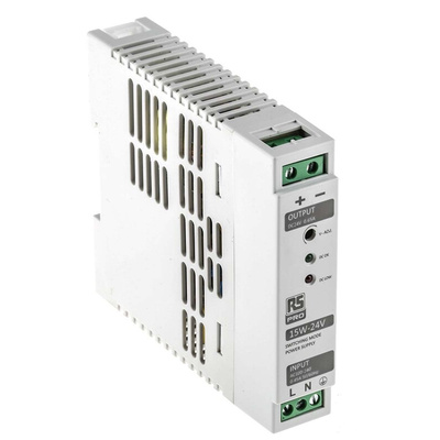 RS PRO Switch Mode DIN Rail Power Supply, 230V ac, 24V dc dc Output, 650mA Output, 15W