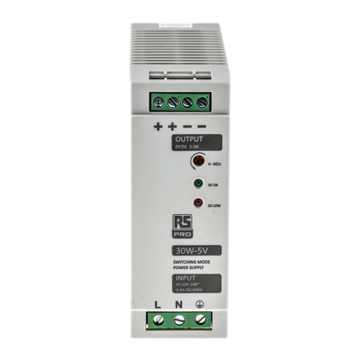 RS PRO Switch Mode DIN Rail Power Supply, 230V ac, 5V dc dc Output, 5A Output, 30W