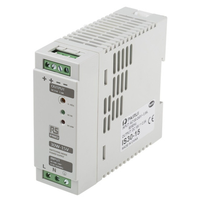RS PRO Switch Mode DIN Rail Power Supply, 230V ac, 15V dc dc Output, 30W