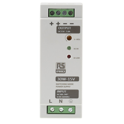 RS PRO Switch Mode DIN Rail Power Supply, 230V ac, 15V dc dc Output, 30W