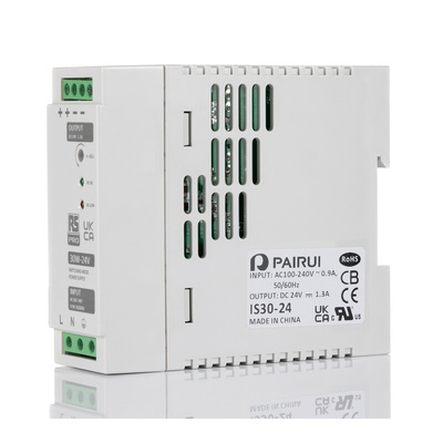 RS PRO Switch Mode DIN Rail Power Supply, 230V ac, 24V dc dc Output, 1.3A Output, 30W