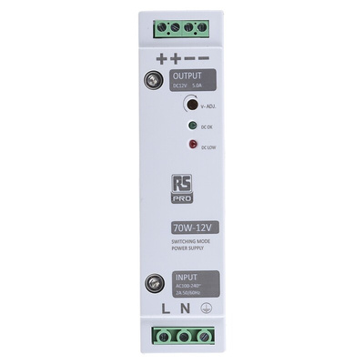 RS PRO Switch Mode DIN Rail Power Supply, 230V ac, 12V dc dc Output, 5A Output, 70W