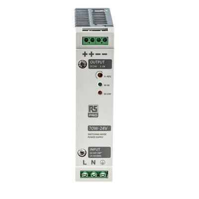 RS PRO Switch Mode DIN Rail Power Supply, 230V ac, 24V dc dc Output, 3A Output, 70W
