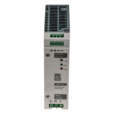 RS PRO Switch Mode DIN Rail Power Supply, 230V ac, 12V dc dc Output, 8A Output, 120W