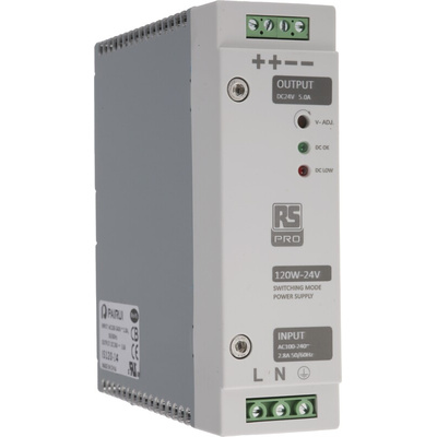 RS PRO Switch Mode DIN Rail Power Supply, 230V ac, 24V dc dc Output, 5A Output, 120W