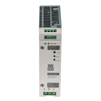 RS PRO Switch Mode DIN Rail Power Supply, 230V ac, 48V dc dc Output, 2.5A Output, 120W
