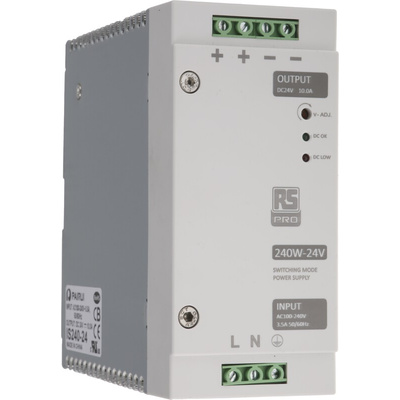 RS PRO Switch Mode DIN Rail Power Supply, 230V ac, 24V dc dc Output, 10A Output, 240W