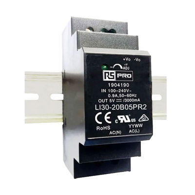 RS PRO DIN Rail Power Supply, 120 → 370 V dc, 85 → 264V ac ac, dc Input, 5V dc Output, 3A Output, 15W