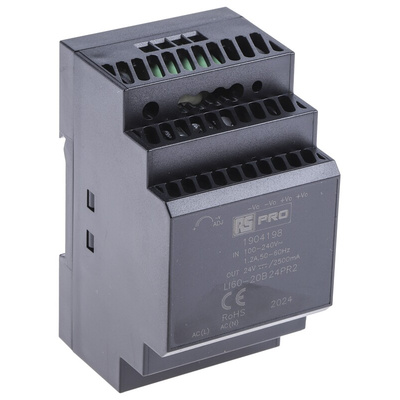 RS PRO DIN Rail Power Supply, 120 → 370 V dc, 85 → 264 V ac ac, dc Input, 24V dc Output, 2.5A Output, 60W