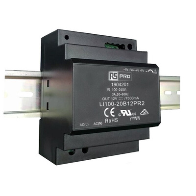 RS PRO DIN Rail Power Supply, 120 → 370 V dc, 85 → 264 V ac ac, dc Input, 12V dc Output, 7.5A Output, 90W