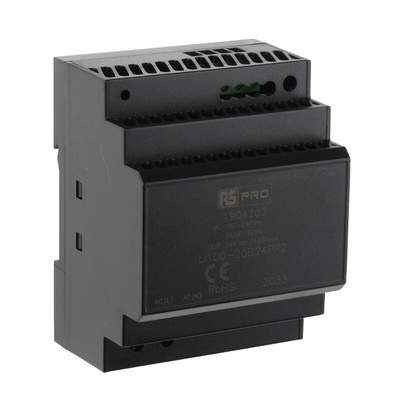 RS PRO DIN Rail Power Supply, 120 → 370 V dc, 85 → 264 V ac ac, dc Input, 24V dc Output, 4.2A Output,