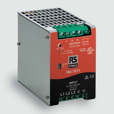 RS PRO Switch Mode DIN Rail Power Supply, AC 340–550V ac, dc Input, 45-55V dc dc Output, 20A Output, 960W