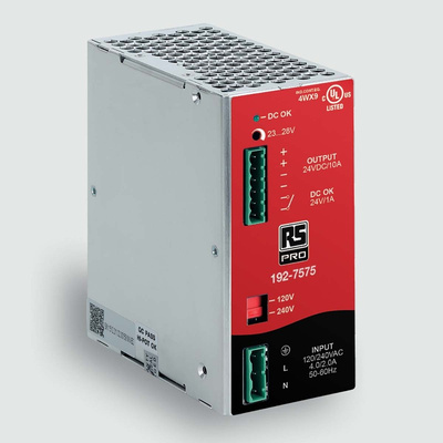 RS PRO Switch Mode DIN Rail Power Supply, AC 90–132V ac, dc Input, 23-27.5V dc dc Output, 10A Output, 240W