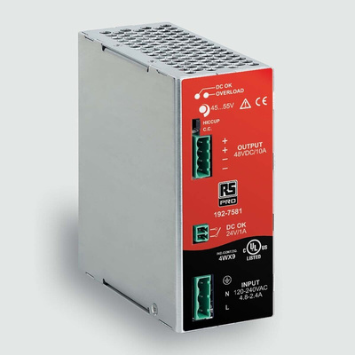 RS PRO Switch Mode DIN Rail Power Supply, AC 90–264V ac, dc Input, 45-55V dc dc Output, 10A Output, 480W