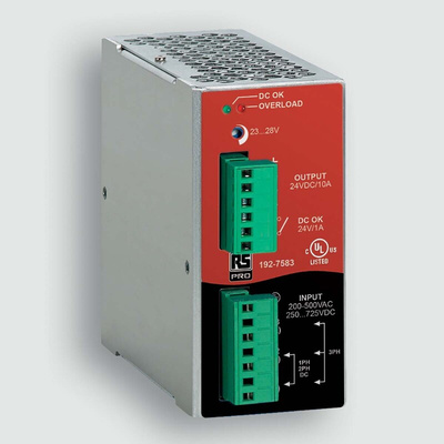 RS PRO Switch Mode DIN Rail Power Supply, AC 187–550V ac, dc Input, 23-28V dc dc Output, 10A Output, 240W