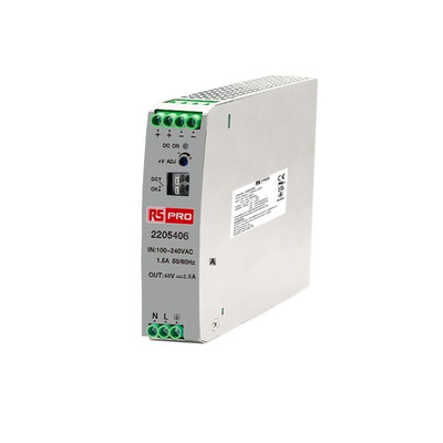 RS PRO DIN Rail Power Supply, 85 → 264 V ac, 120 → 370 V dc ac, dc Input, 48V dc Output, 2.5A Output, 120W