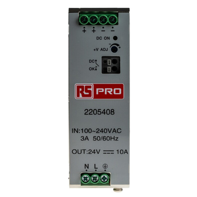 RS PRO DIN Rail Power Supply, 85 → 264 V ac, 120 → 370 V dc ac, dc Input, 24V dc Output, 10A Output, 240W