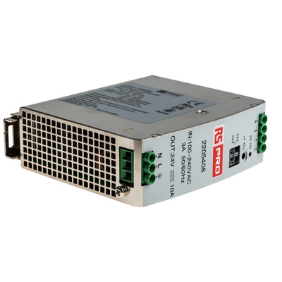 RS PRO DIN Rail Power Supply, 85 → 264 V ac, 120 → 370 V dc ac, dc Input, 24V dc Output, 10A Output, 240W