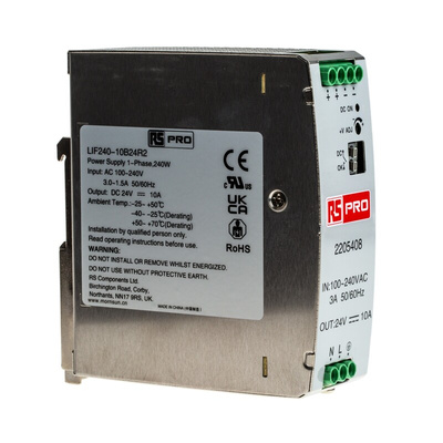 RS PRO DIN Rail Power Supply, 85 → 264 V ac, 120 → 370 V dc ac, dc Input, 24V dc Output, 10A Output, 240W