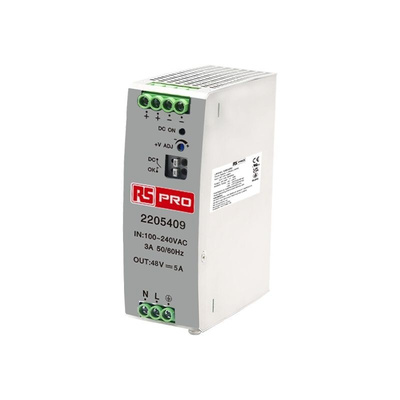 RS PRO DIN Rail Power Supply, 85 → 264 V ac, 120 → 370 V dc ac, dc Input, 48V dc Output, 5A Output, 240W