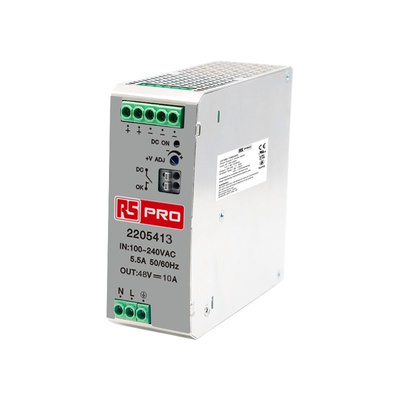 RS PRO DIN Rail Power Supply, 85 → 264V ac ac Input, 48V dc dc Output, 10A Output, 480W