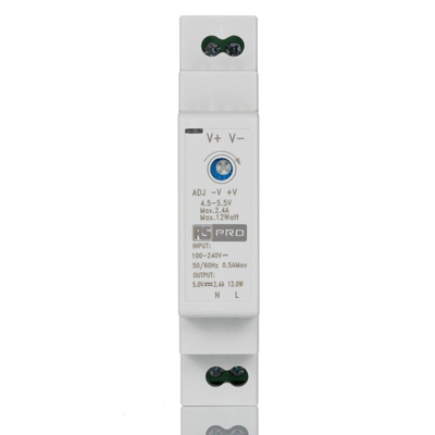 RS PRO DIN Rail Power Supply, 90 → 264V ac ac Input, 5V dc Output, 2.4A Output