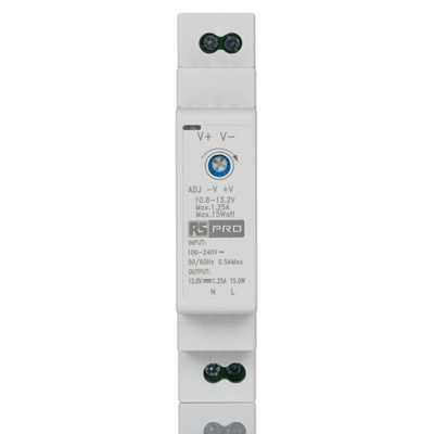 RS PRO DIN Rail Power Supply, 90 → 264V ac ac Input, 12V dc Output, 1.25A Output, 15W
