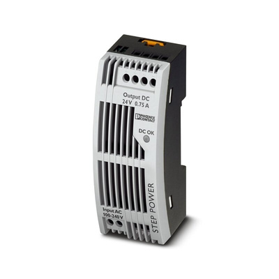 Phoenix Contact STEP-PS/1AC/24DC/0.75/FL Switch Mode DIN Rail Power Supply, 85 → 264V ac ac Input, 24V dc dc