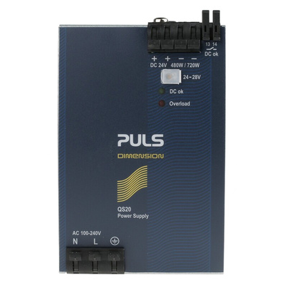 PULS DIMENSION Q Switch Mode DIN Rail Power Supply, 100 → 240V ac ac, dc Input, 24V dc dc Output, 20A Output,