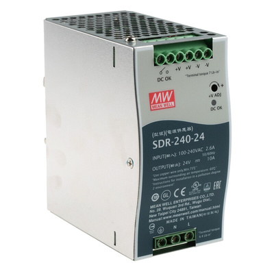 MEAN WELL SDR Switch Mode DIN Rail Power Supply, 88 → 264V ac ac Input, 24V dc dc Output, 10A Output, 240W