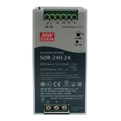 MEAN WELL SDR Switch Mode DIN Rail Power Supply, 88 → 264V ac ac Input, 24V dc dc Output, 10A Output, 240W